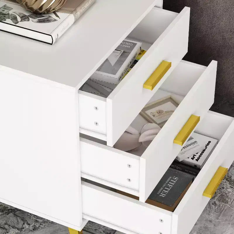 Famapy Chic White Nightstand: Stylish Storage with Golden Accents