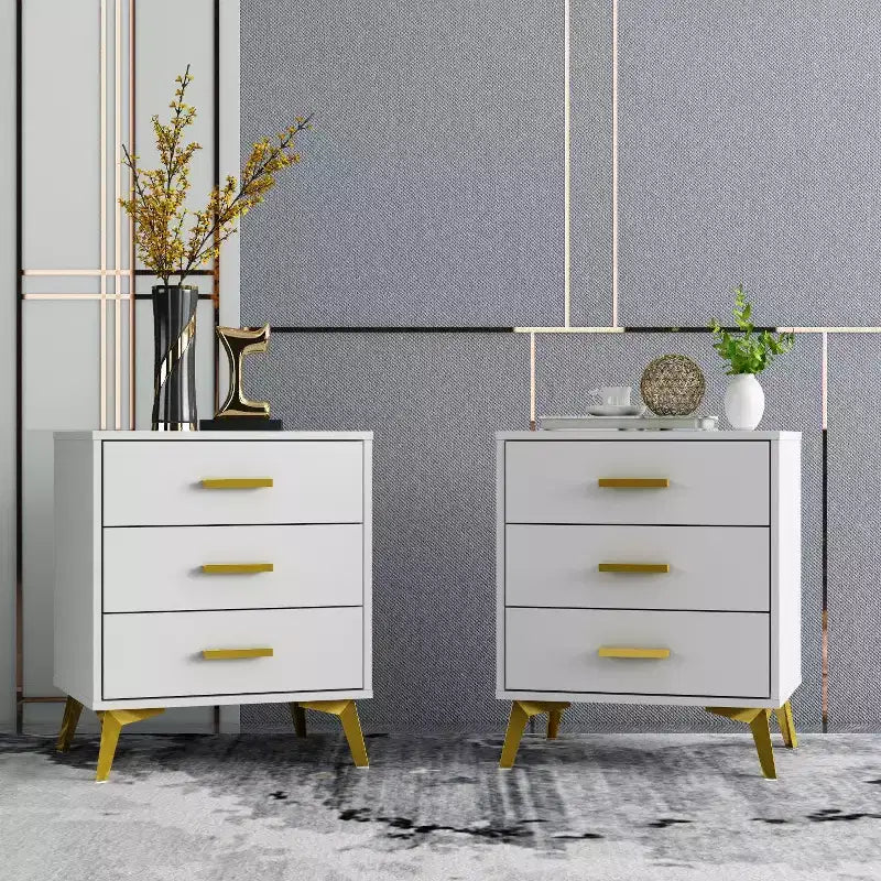 Famapy Chic White Nightstand: Stylish Storage with Golden Accents