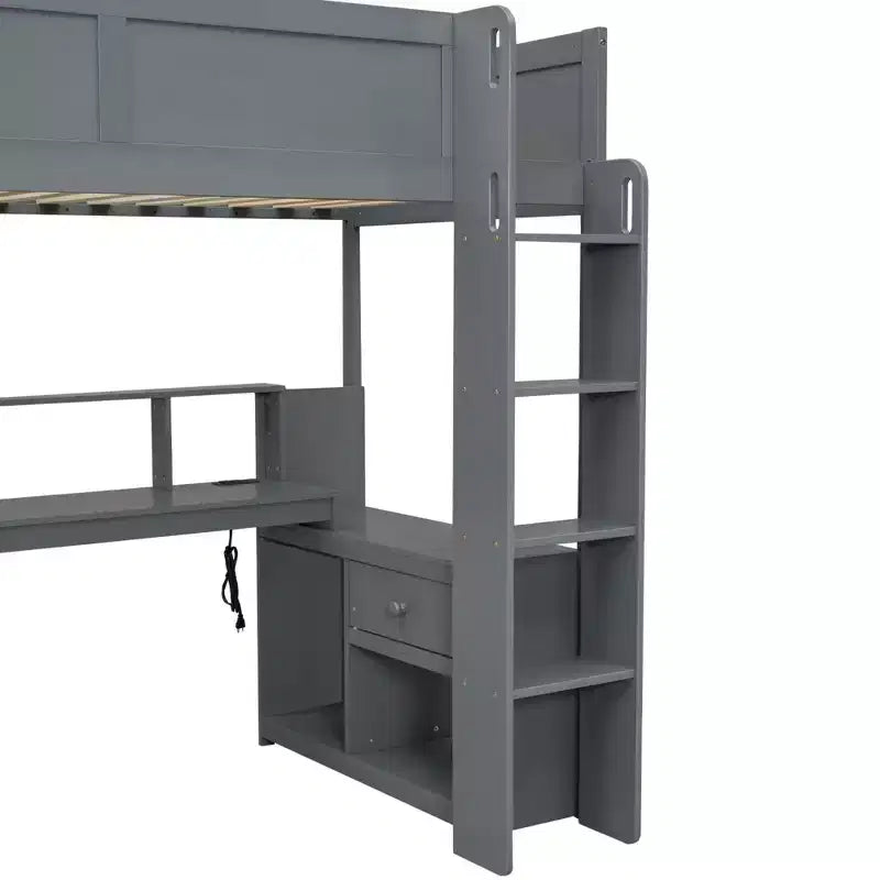 Whisen 87.1''L x 49.4''W Wood Gaming Loft Bed with Desk, Multi-storage Shelves, LED and Charging Station