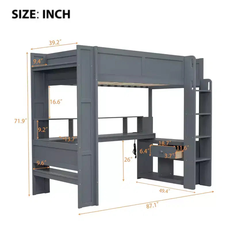 Whisen 87.1''L x 49.4''W Wood Gaming Loft Bed with Desk, Multi-storage Shelves, LED and Charging Station