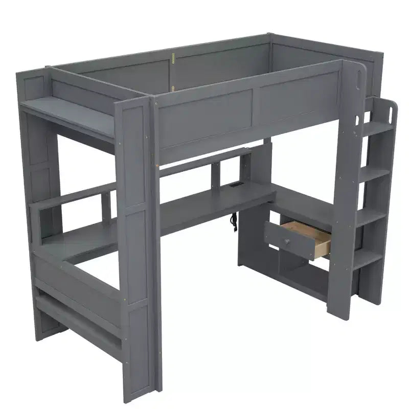 Whisen 87.1''L x 49.4''W Wood Gaming Loft Bed with Desk, Multi-storage Shelves, LED and Charging Station