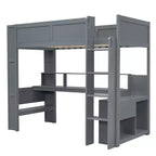 Whisen 87.1''L x 49.4''W Wood Gaming Loft Bed with Desk, Multi-storage Shelves, LED and Charging Station