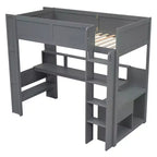 Whisen 87.1''L x 49.4''W Wood Gaming Loft Bed with Desk, Multi-storage Shelves, LED and Charging Station