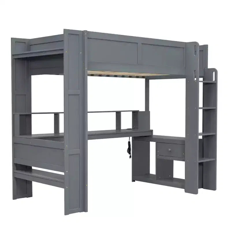 Whisen 87.1''L x 49.4''W Wood Gaming Loft Bed with Desk, Multi-storage Shelves, LED and Charging Station