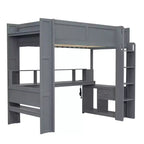 Whisen 87.1''L x 49.4''W Wood Gaming Loft Bed with Desk, Multi-storage Shelves, LED and Charging Station