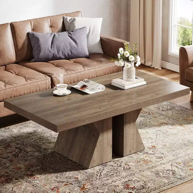 Lantine Wood Coffee Table, 47.24-Inch Rectangular Center Table with Thick Wooden Base, Farmhouse Wood-Look Cocktail Table for Living Room