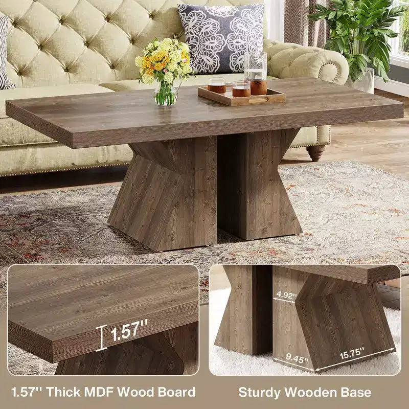 Lantine Wood Coffee Table, 47.24-Inch Rectangular Center Table with Thick Wooden Base, Farmhouse Wood-Look Cocktail Table for Living Room