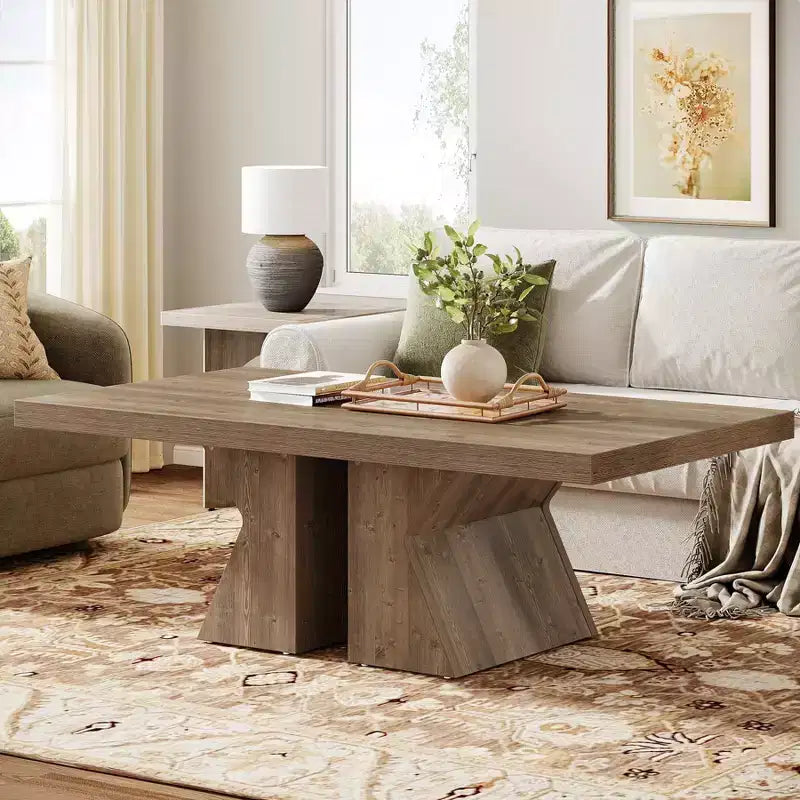 Lantine Wood Coffee Table, 47.24-Inch Rectangular Center Table with Thick Wooden Base, Farmhouse Wood-Look Cocktail Table for Living Room