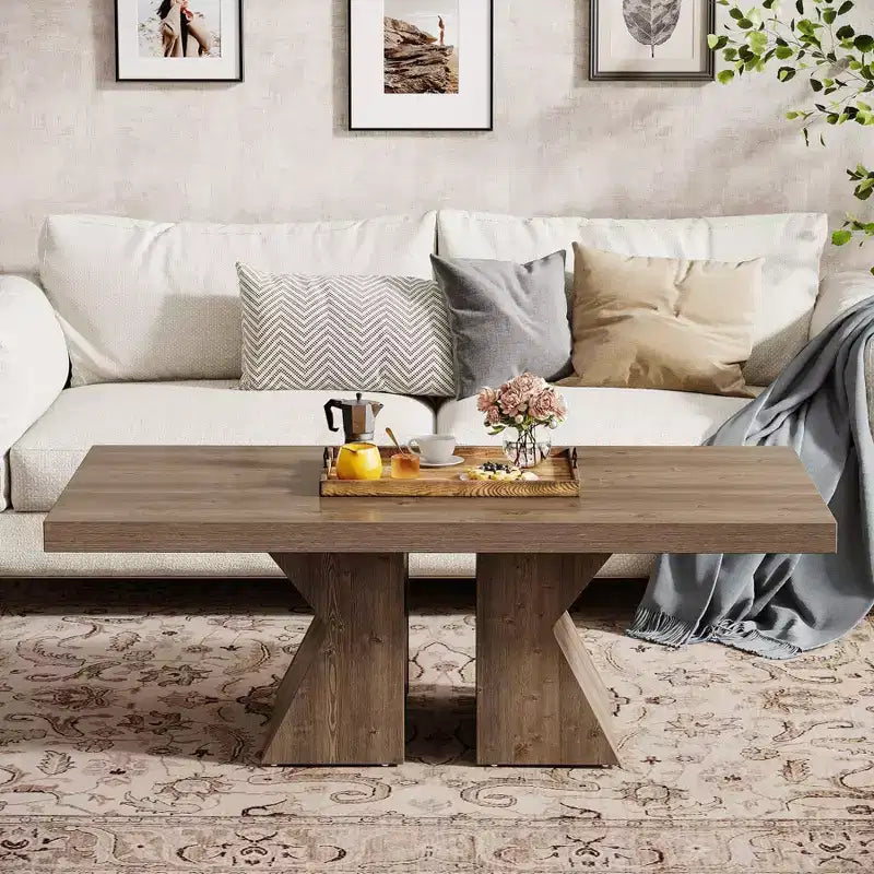 Lantine Wood Coffee Table, 47.24-Inch Rectangular Center Table with Thick Wooden Base, Farmhouse Wood-Look Cocktail Table for Living Room