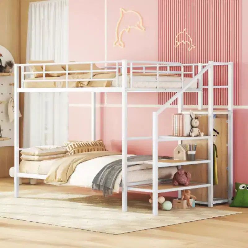 Lits superposés en métal grand sur grand avec échelle de rangement latérale et armoire — Noir