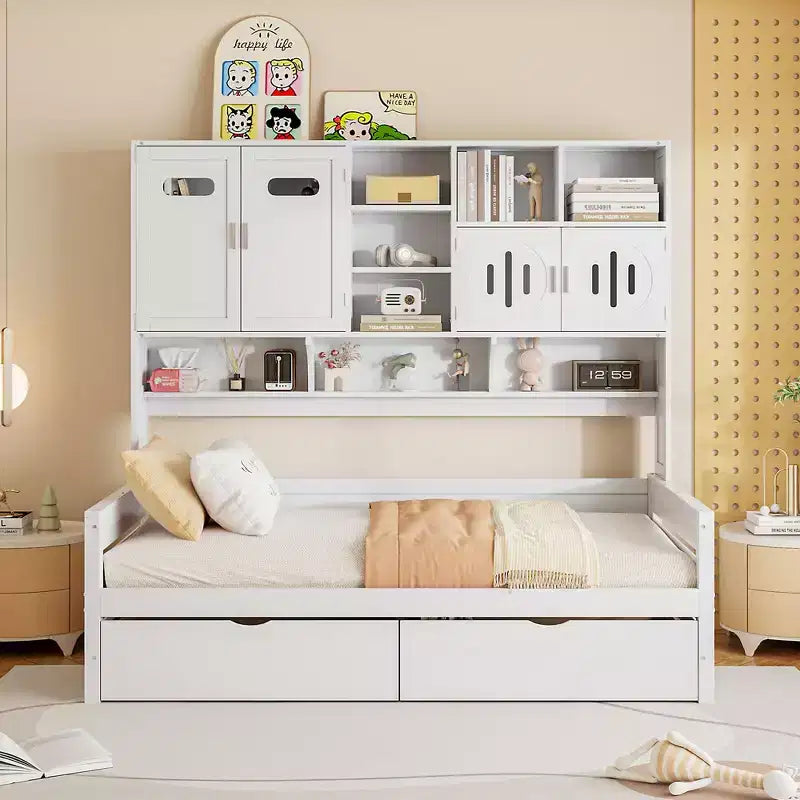 Lit de repos en bois double/grand avec 2 tiroirs, armoire tout-en-un et étagères