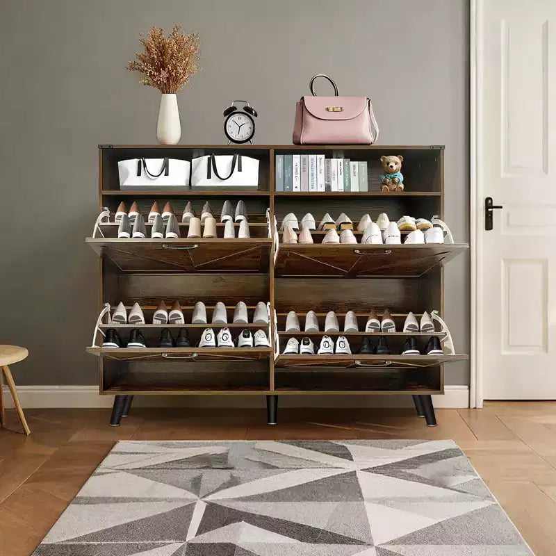 Shoe Storage, Freestanding Shoe Cabinet Storage with 4 Flip Drawers and Barn Door Design, Slim Narrow Shoe Rack Dresser, for Entryway, Foyer, Hallway