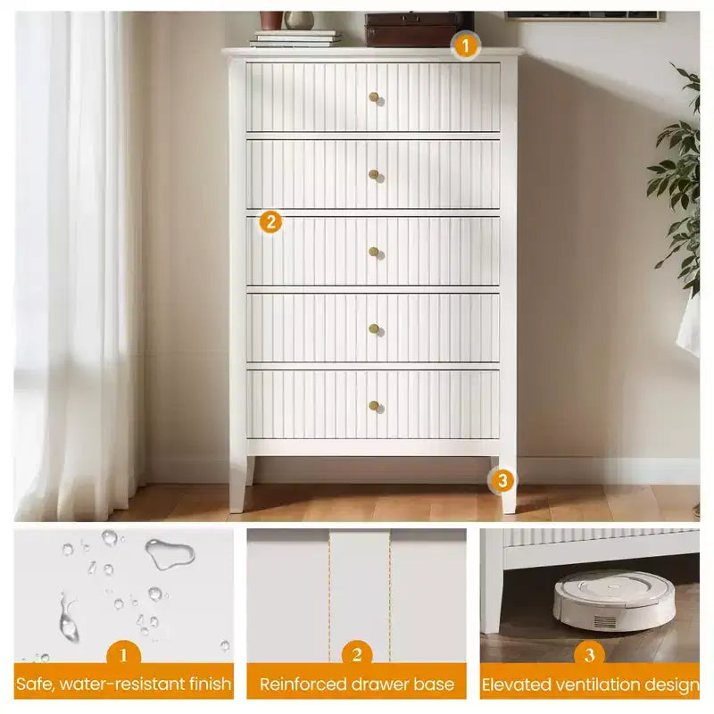 Heynemo Fluted 3 or 5 Drawer Dresser  Tall Striped Chest with Silent Slides for Bedroom, Living Room, Hallway, Entryway