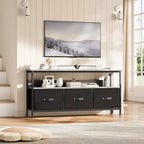 55 Black TV Stand with Grey Drawers, Dresser-Style Entertainment Center for Living Room & Bedroom Storage