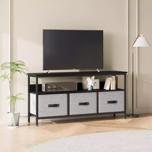 Meuble TV noir de 55 po avec tiroirs gris, meuble de rangement de style commode pour le salon et la chambre à coucher