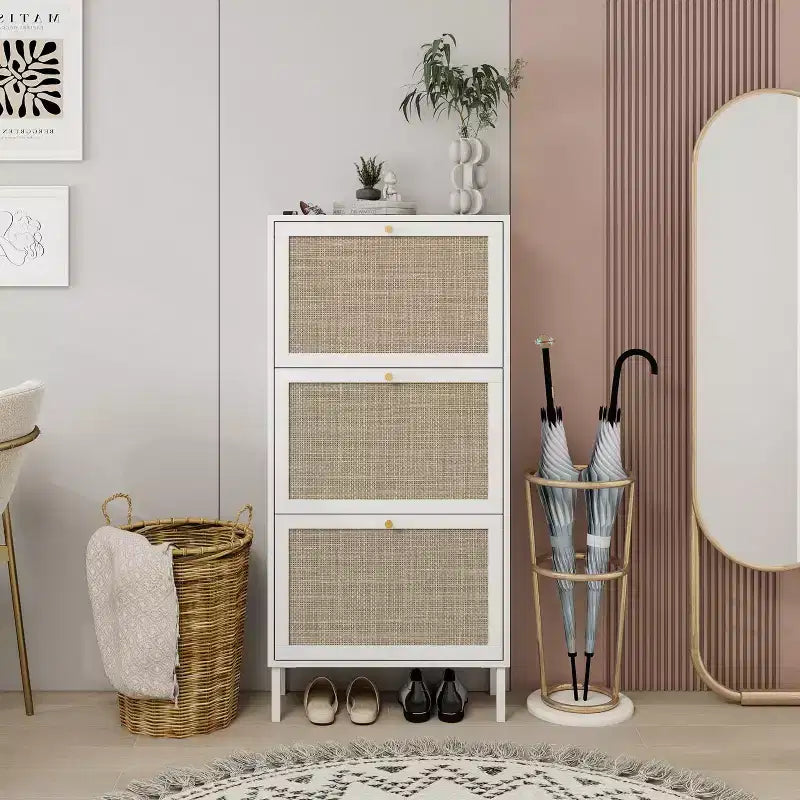 Rattan 3-Door Shoe Rack Freestanding Modern Shoe Storage Cabinet