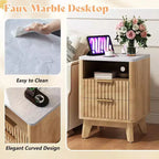 AMERLIFE Fluted Nightstand with Charging Station and Faux Marble Top