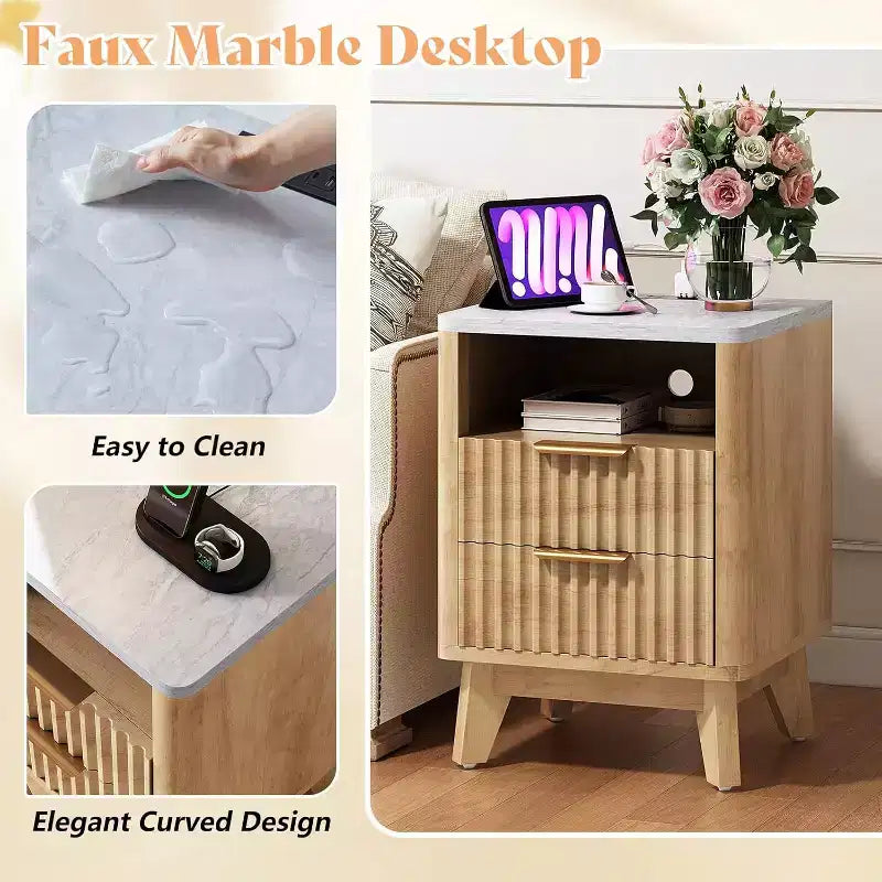 AMERLIFE Fluted Nightstand with Charging Station and Faux Marble Top