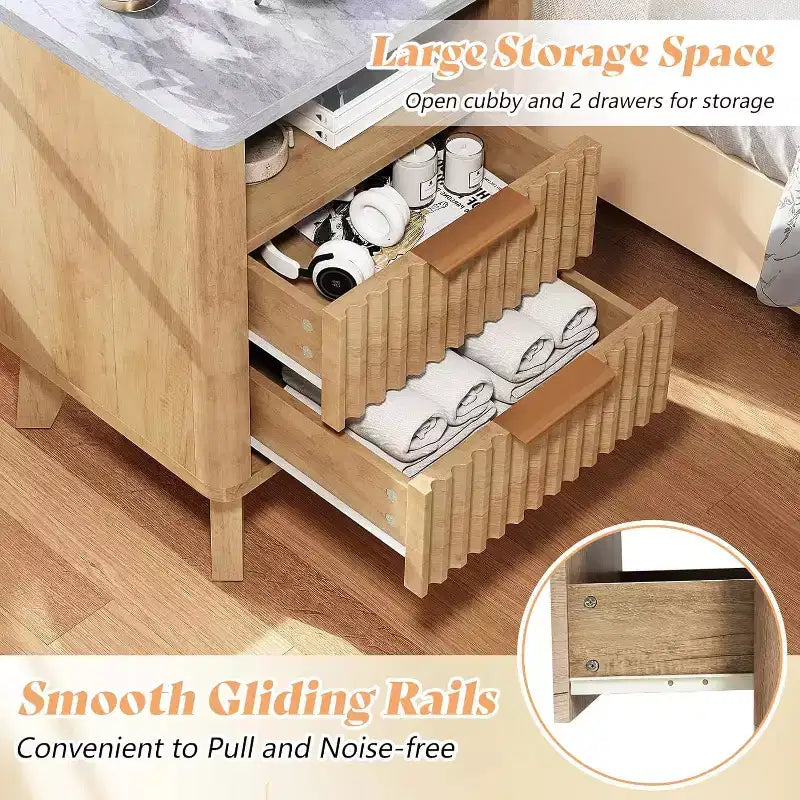 AMERLIFE Fluted Nightstand with Charging Station and Faux Marble Top