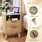 AMERLIFE Fluted Nightstand with Charging Station and Faux Marble Top