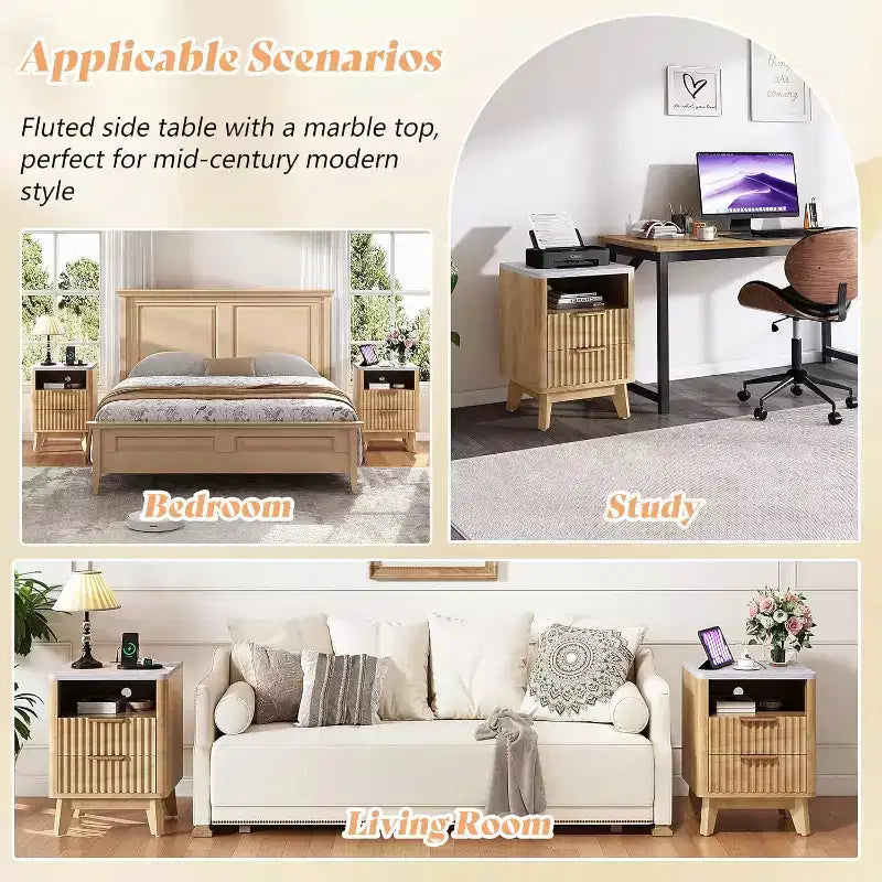 AMERLIFE Fluted Nightstand with Charging Station and Faux Marble Top