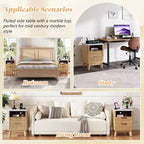 AMERLIFE Fluted Nightstand with Charging Station and Faux Marble Top