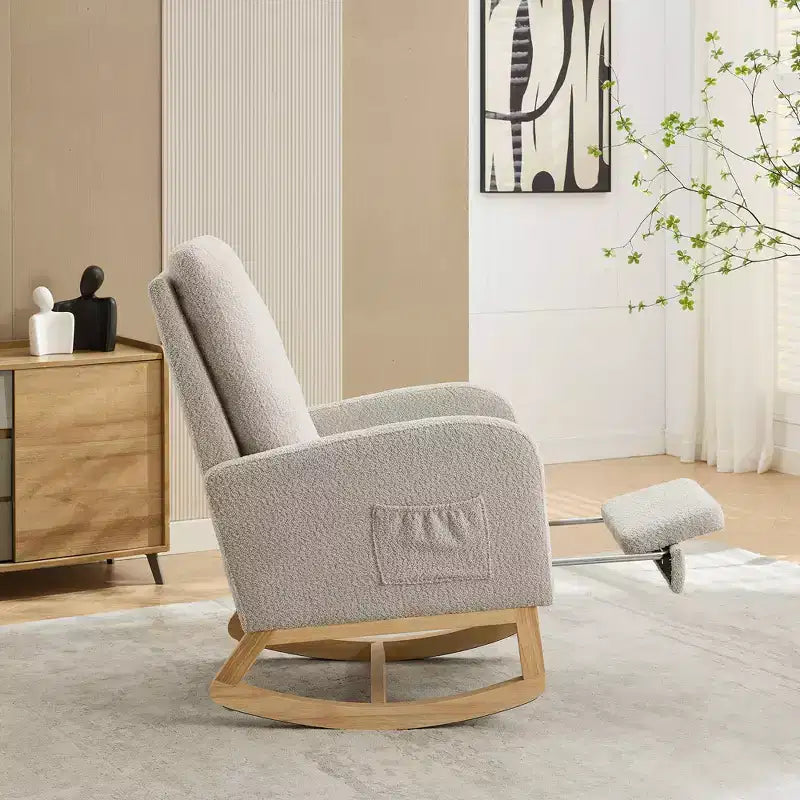 Okak Rocking Accent Chair Living Room Chair with High Back Glider and Side Pocket Retractable Footrest Armchair for Bedroom Nursery