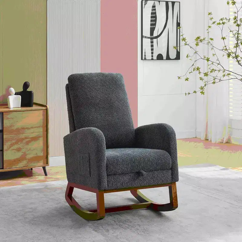 Okak Rocking Accent Chair Living Room Chair with High Back Glider and Side Pocket Retractable Footrest Armchair for Bedroom Nursery
