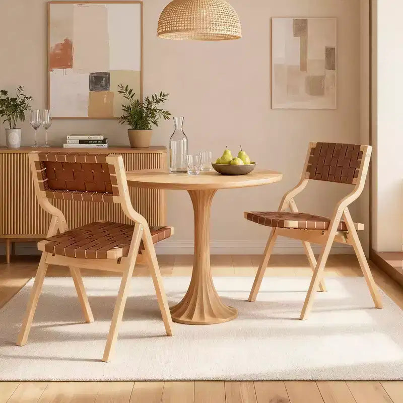 MAYEERTY 2-Set Wood Foldable & Stackable Dining Chairs for Dining Room, Woven Seat & Back, Beige - Natural
