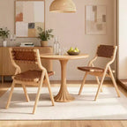 MAYEERTY 2-Set Wood Foldable & Stackable Dining Chairs for Dining Room, Woven Seat & Back, Beige - Natural