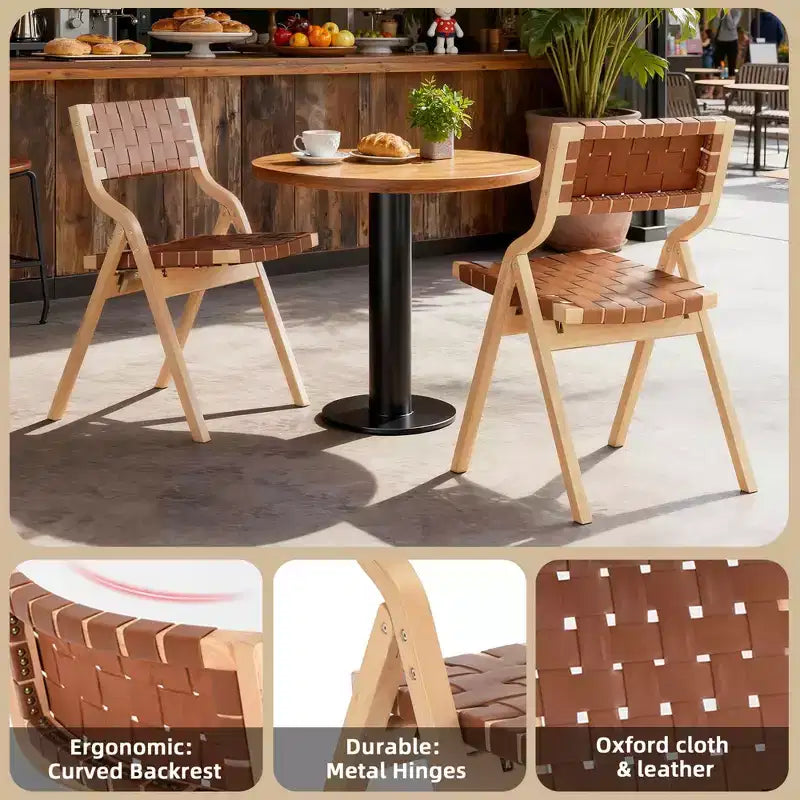 MAYEERTY 2-Set Wood Foldable & Stackable Dining Chairs for Dining Room, Woven Seat & Back, Beige - Natural