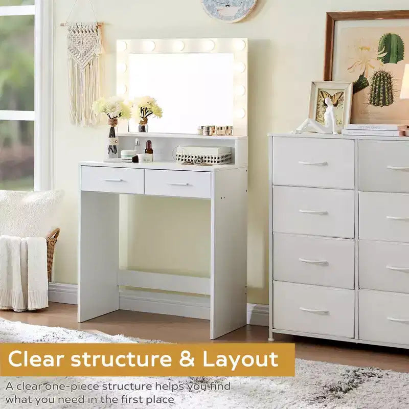 Okak 2-Tier Vanity Dresser with Touch Lights, 3 Brightness Levels, Large Drawer & Compact Makeup Table for Small Bedrooms