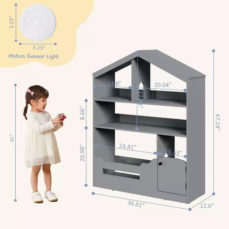 Kids Bookshelf, Toy Storage Organizer, Wooden Kids Bookcase with Motion Sensor Light, Dollhouse Bookcase for Playroom Bedroom Nursery Classroom