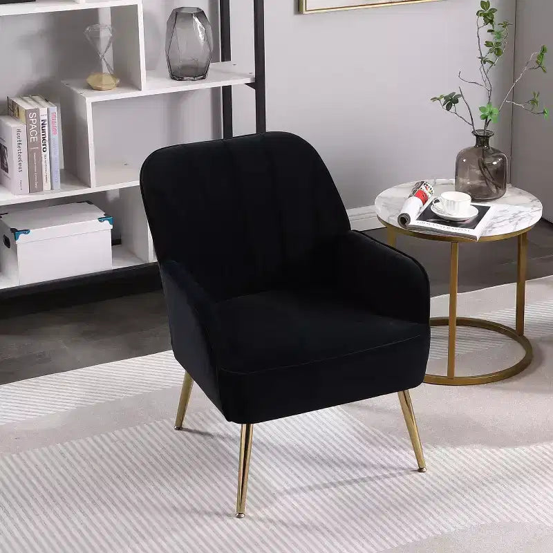 Modern Velvet Accent Chair, Upholstered Mid-Century Armchair with Golden Wood Legs for Living Room & Bedroom