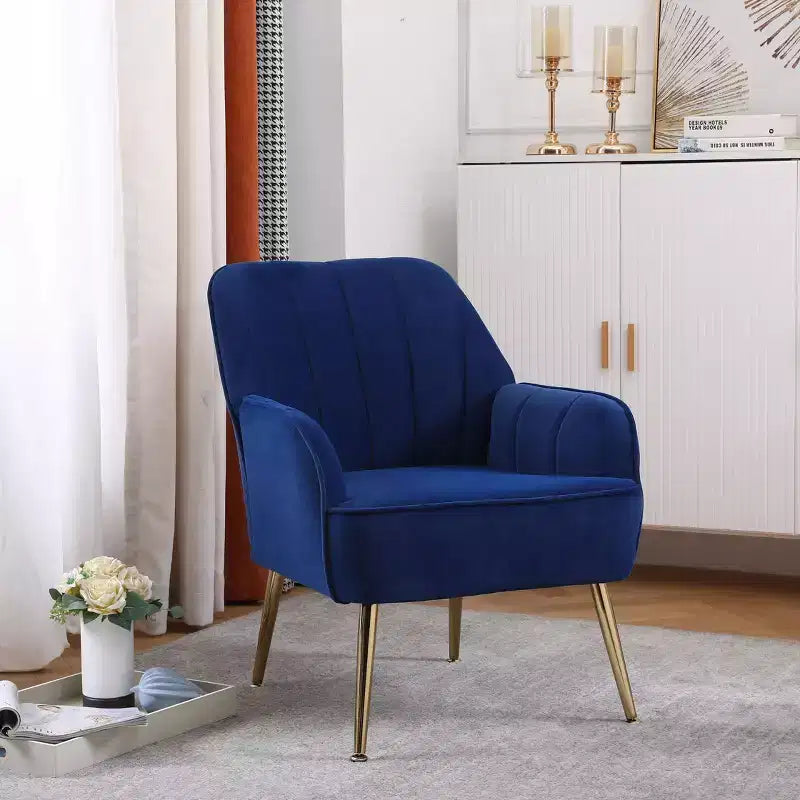 Modern Velvet Accent Chair, Upholstered Mid-Century Armchair with Golden Wood Legs for Living Room & Bedroom