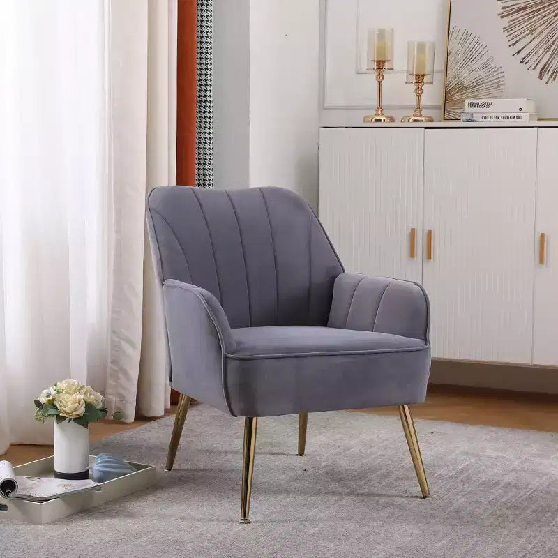 Modern Velvet Accent Chair, Upholstered Mid-Century Armchair with Golden Wood Legs for Living Room & Bedroom