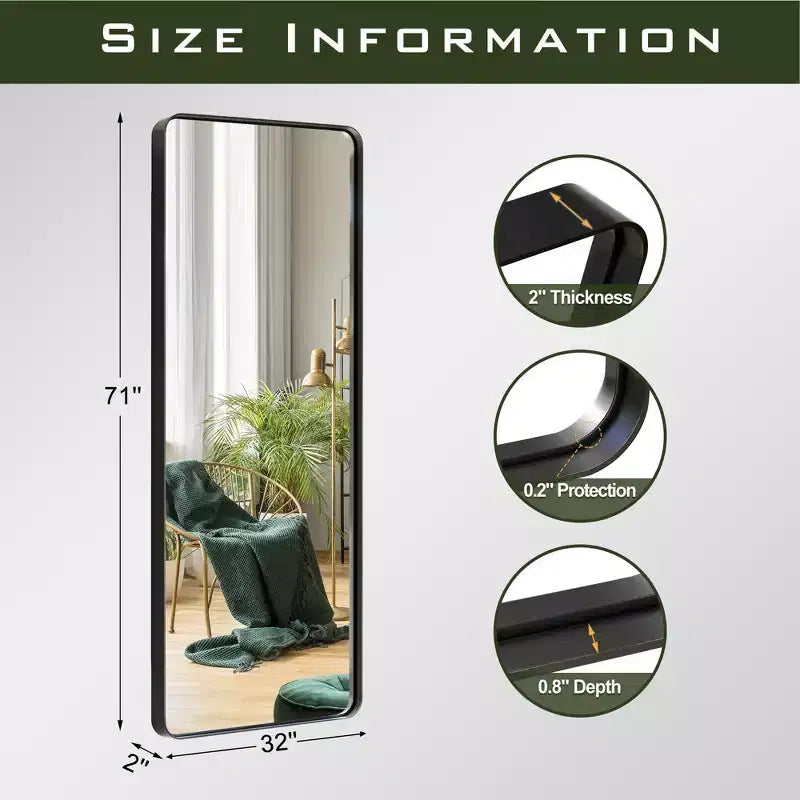 71x31 Rectangle Full-Body Mirror, Black Alloy Aluminium Full Length Mirror, Vanity Mirror for Bathroom, Bedroom Entryway, Living/Dressing Room