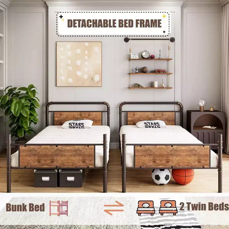 Metal Bunk Bed Twin Over Twin, Heavy Duty Twin Size Metal Bunk Bed with High Guardrail & Ladders, Convertible Bunk Beds for Kids Adults
