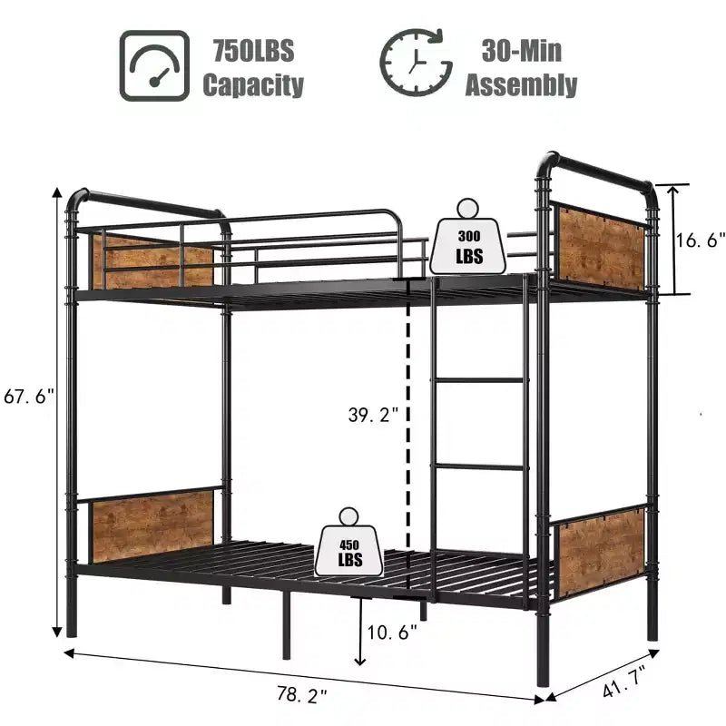 Metal Bunk Bed Twin Over Twin, Heavy Duty Twin Size Metal Bunk Bed with High Guardrail & Ladders, Convertible Bunk Beds for Kids Adults