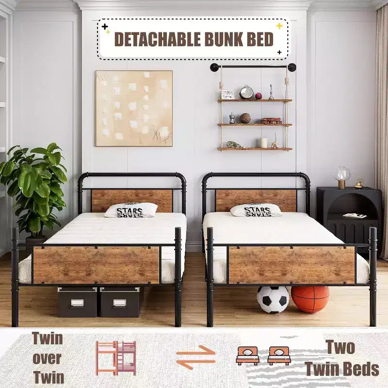 Metal Bunk Bed Twin Over Twin, Heavy Duty Twin Size Metal Bunk Bed with High Guardrail & Ladders, Convertible Bunk Beds for Kids Adults