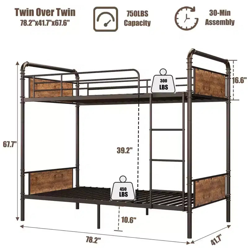 Metal Bunk Bed Twin Over Twin, Heavy Duty Twin Size Metal Bunk Bed with High Guardrail & Ladders, Convertible Bunk Beds for Kids Adults