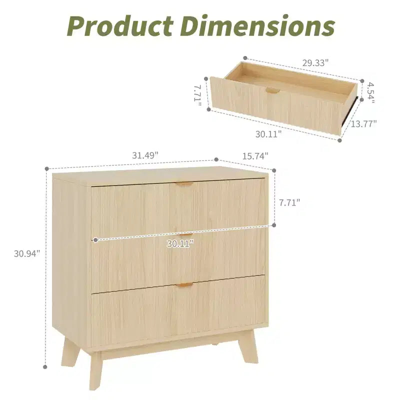3-Drawer Fluted Dresser - Modern Wood Storage Chest for Bedroom, Living Room & Closet Organization