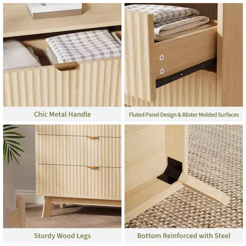 3-Drawer Fluted Dresser - Modern Wood Storage Chest for Bedroom, Living Room & Closet Organization