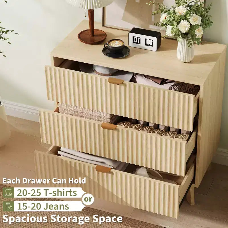 3-Drawer Fluted Dresser - Modern Wood Storage Chest for Bedroom, Living Room & Closet Organization