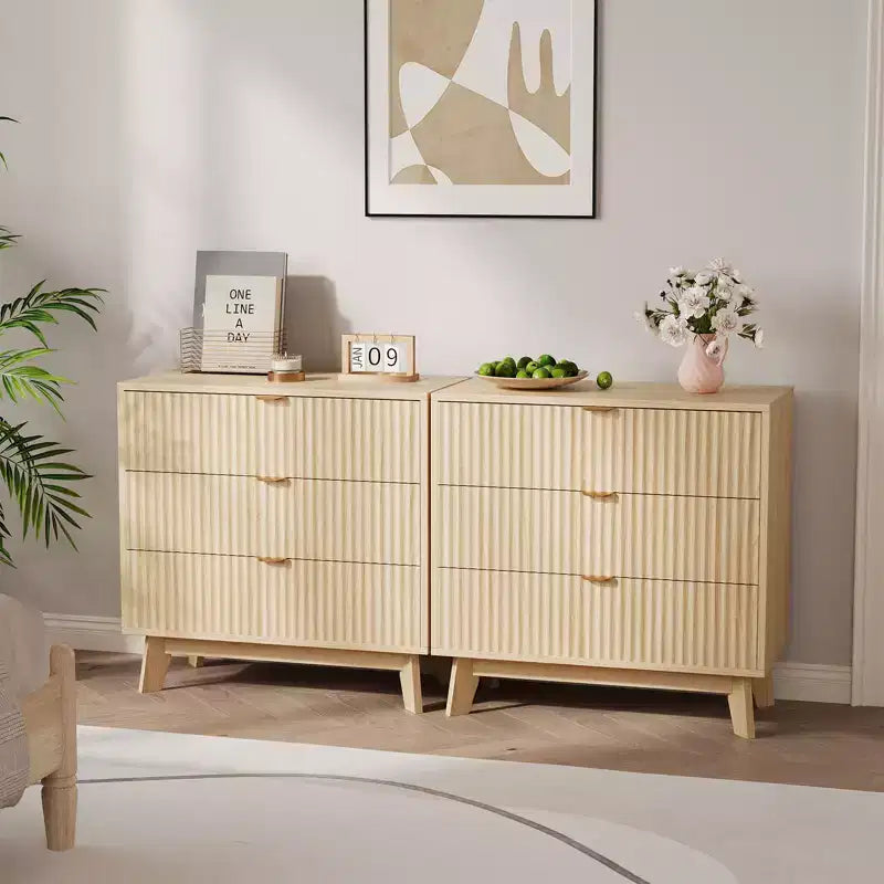 3-Drawer Fluted Dresser - Modern Wood Storage Chest for Bedroom, Living Room & Closet Organization