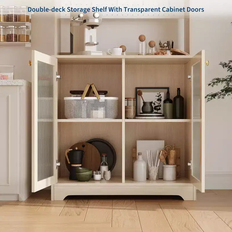 71 Kitchen Pantry Cabinet with Glass Doors, Pegboard & Open Shelves, Wooden Sideboard Buffet Cabinet with Hutch,for Dining Room