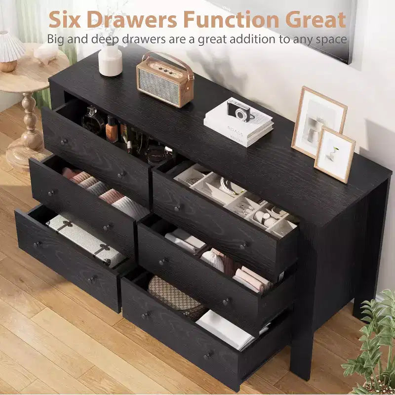 50 Black 6 Drawer Dresser with Deep Drawers & Metal Knobs, Modern Wooden Chest for Bedroom, Entryway & Hallway