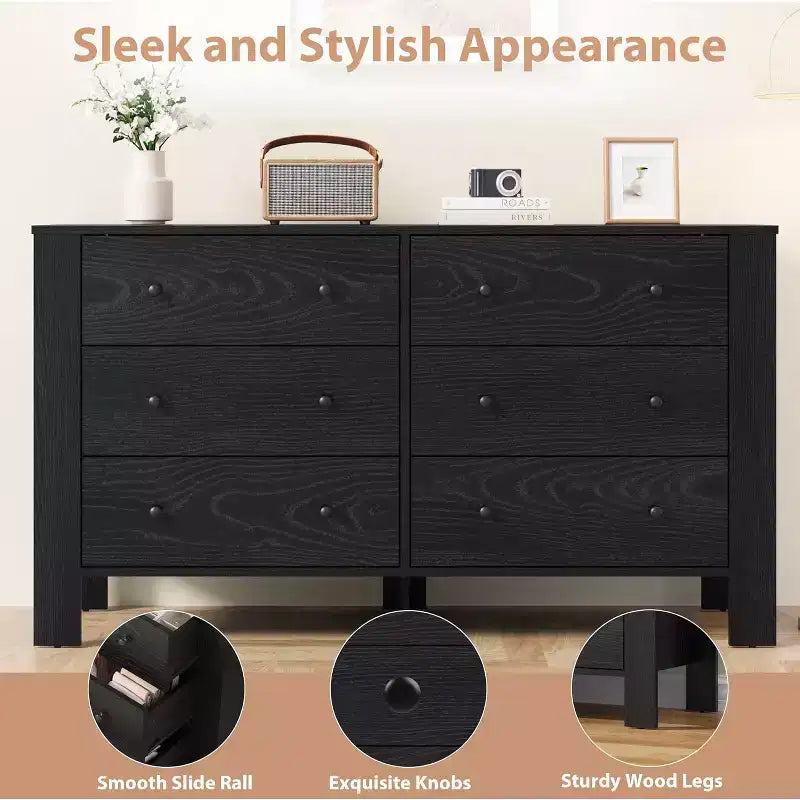 50 Black 6 Drawer Dresser with Deep Drawers & Metal Knobs, Modern Wooden Chest for Bedroom, Entryway & Hallway