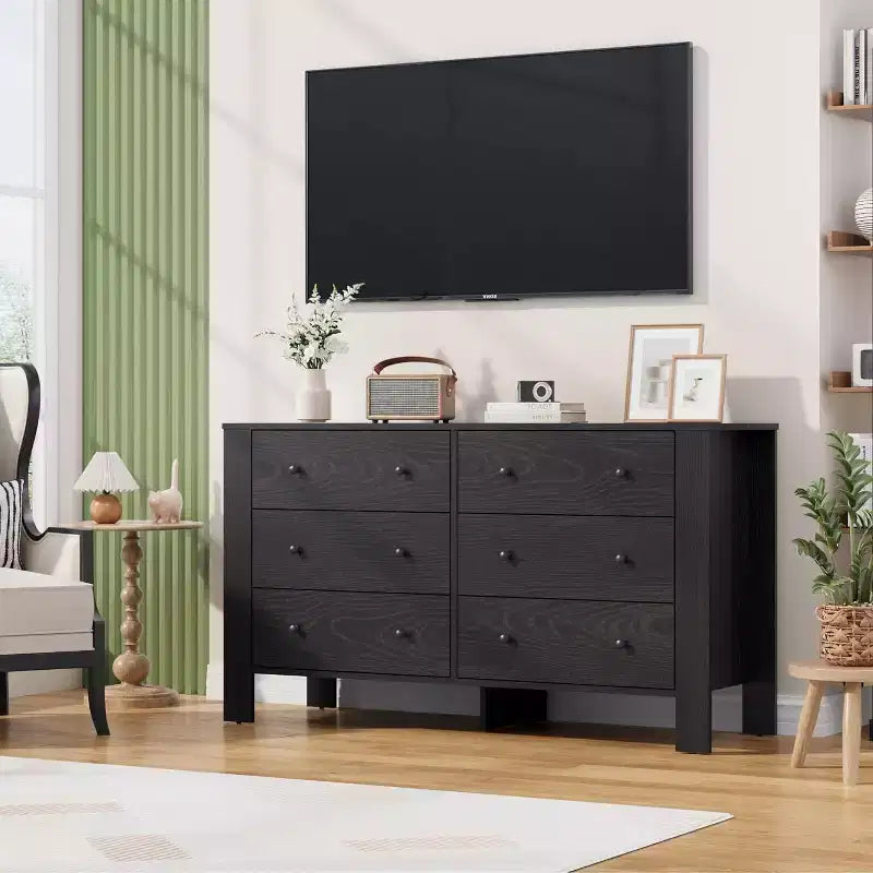 50 Black 6 Drawer Dresser with Deep Drawers & Metal Knobs, Modern Wooden Chest for Bedroom, Entryway & Hallway