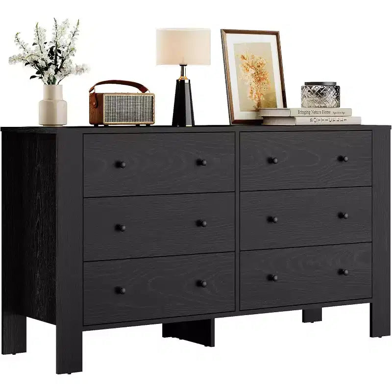 50 Black 6 Drawer Dresser with Deep Drawers & Metal Knobs, Modern Wooden Chest for Bedroom, Entryway & Hallway